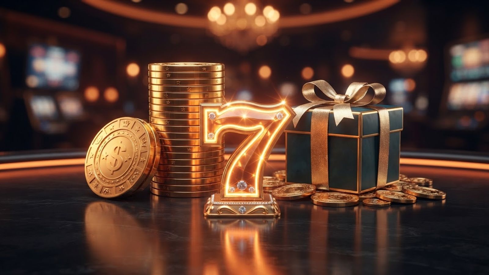 Jetons de casino dorés et coffret cadeau, illustration du bonus
