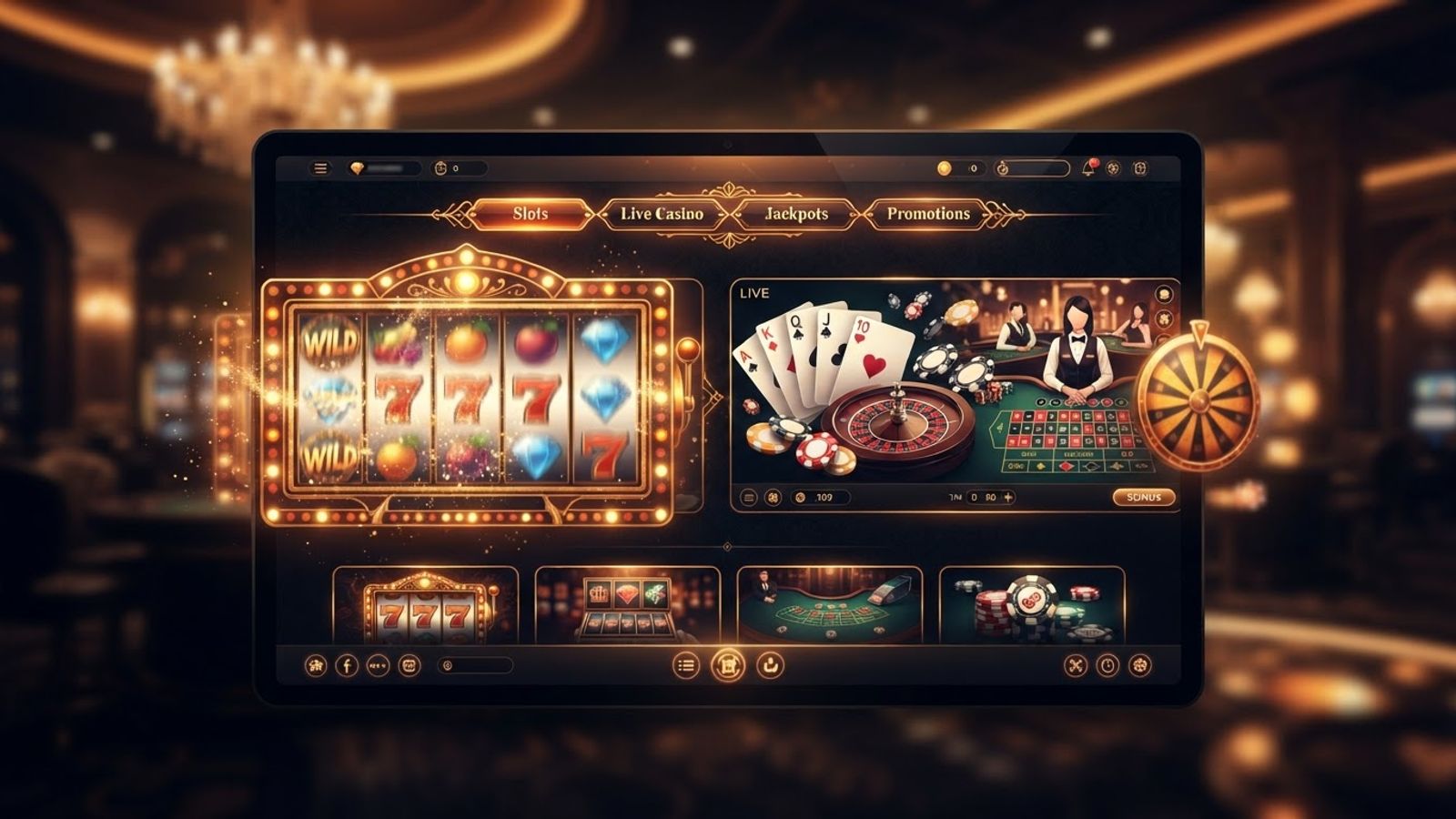 Interface de casino élégante avec rouleaux de machine à sous et cartes